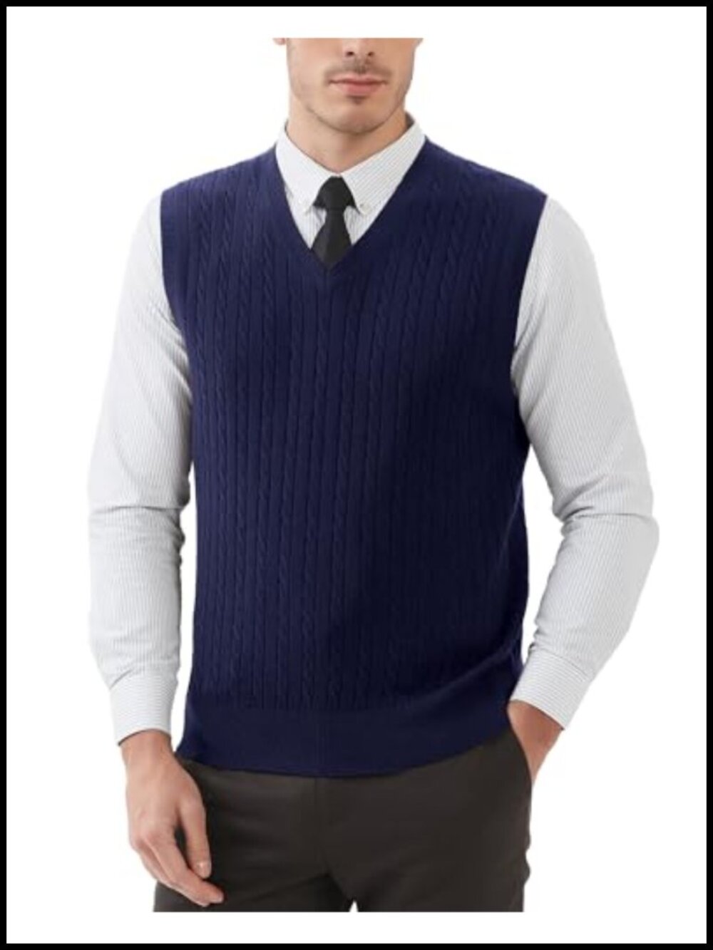Men's Wool Blended Cable Knit Sweater Vest V-Neck Sleeveless Relaxed Fit